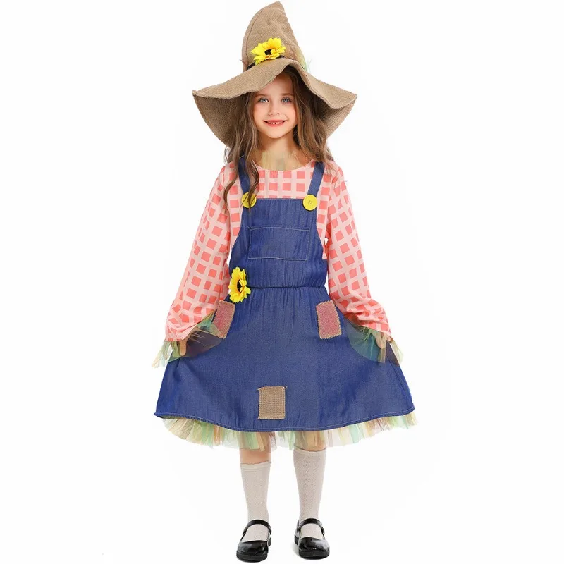 Plaid Patch Scarecrow Parent-child Dresses with Hat Halloween Kids Adult Scarecrow Cosplay Costume Festival Party Drama Dress Up