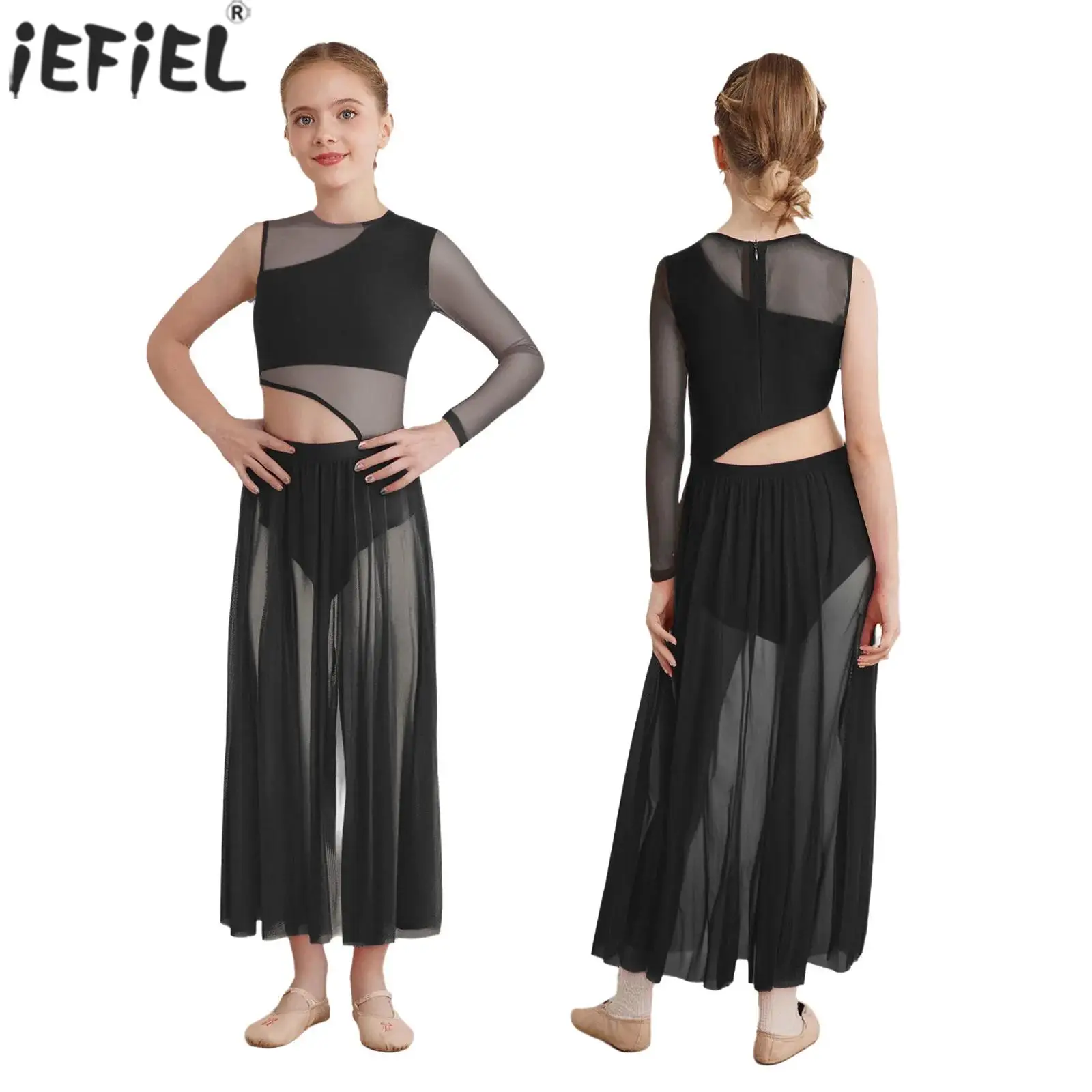 Robe de danse lyrique moderne pour enfants filles, Ballet contemporain, patinage artistique, gymnastique, vêtements de danse, justaucorps en maille transparente fendue sur les côtés