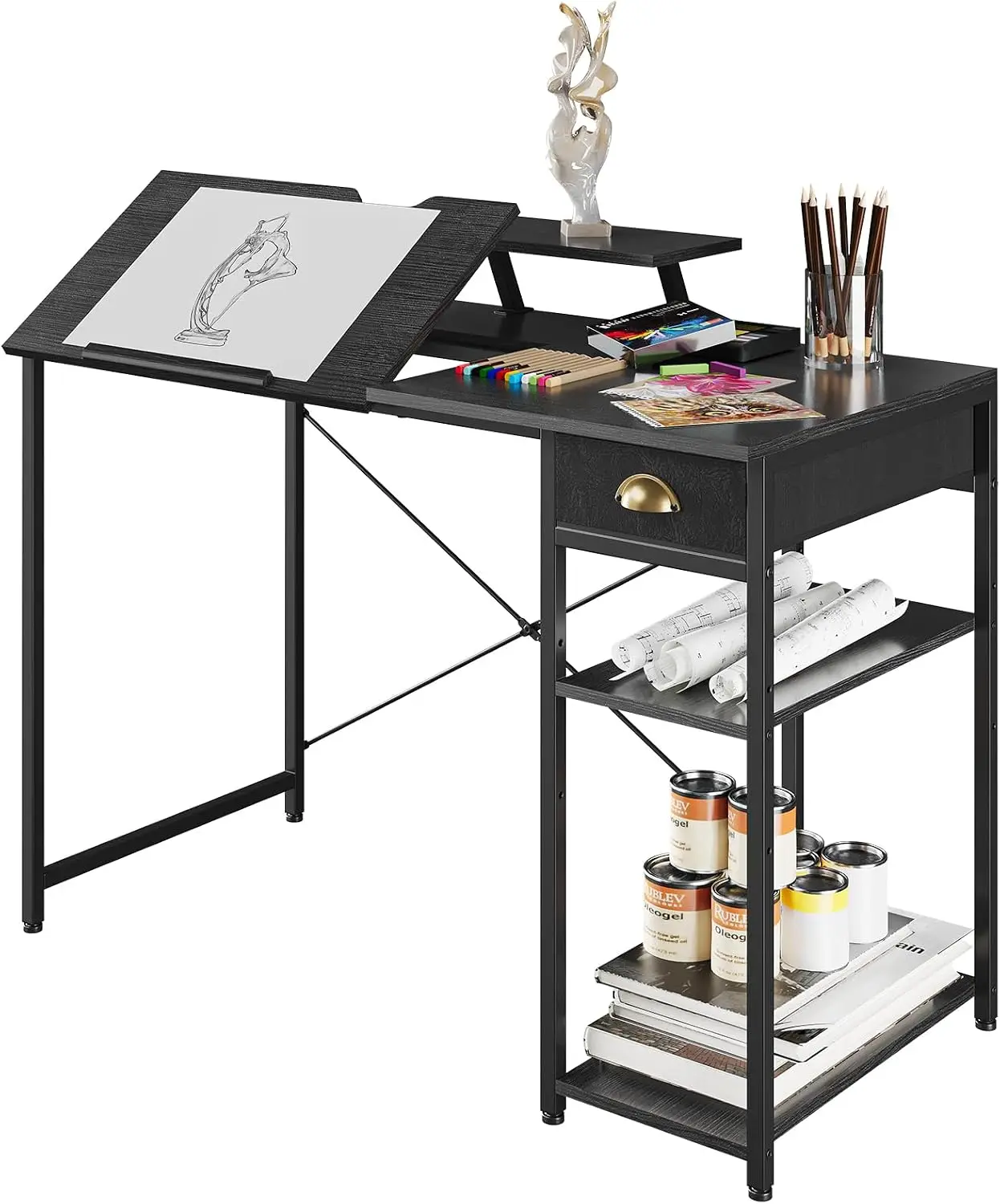 Adjustable Drafting Table Art Desk With Storage Shelves And Drawer, Tilting Drawing Computer Workstation With Monitor Stand For Home Office Studio, Modern Artist Furniture, Black, One Piece