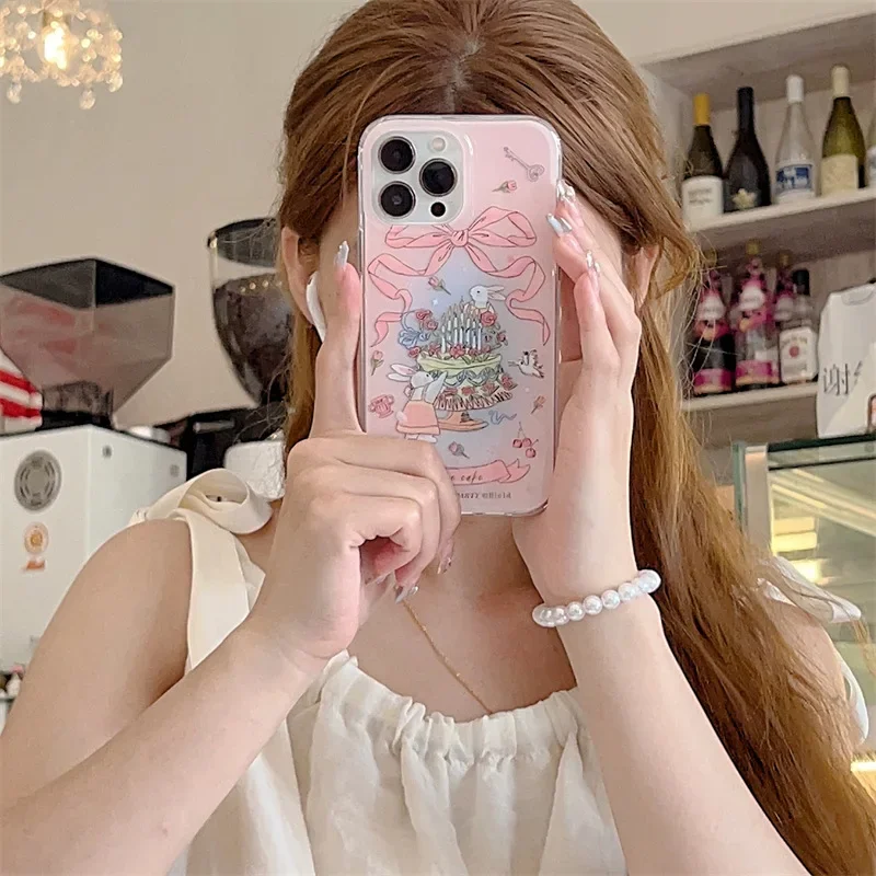 Ins Bow Cake Bunny  Phone Case for IPhone 15 14 Plus 14 13 12 11 Pro Max with Chain Silicon Clear Cute Protective Cover