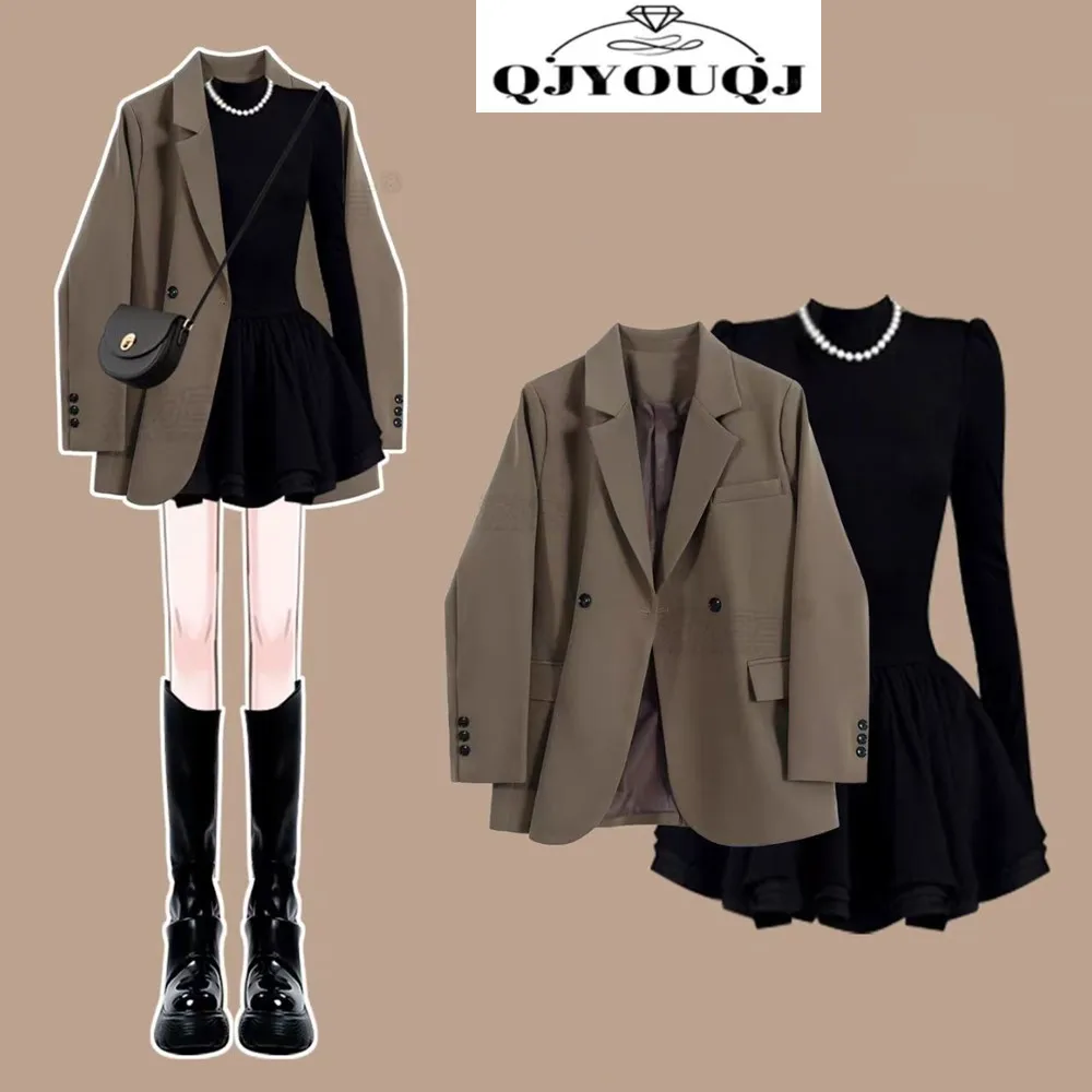 Spring and Autumn Set A Complete Set of Popular Melad Coffee Colored Suit Jacket+black Skirt Two-piece Set