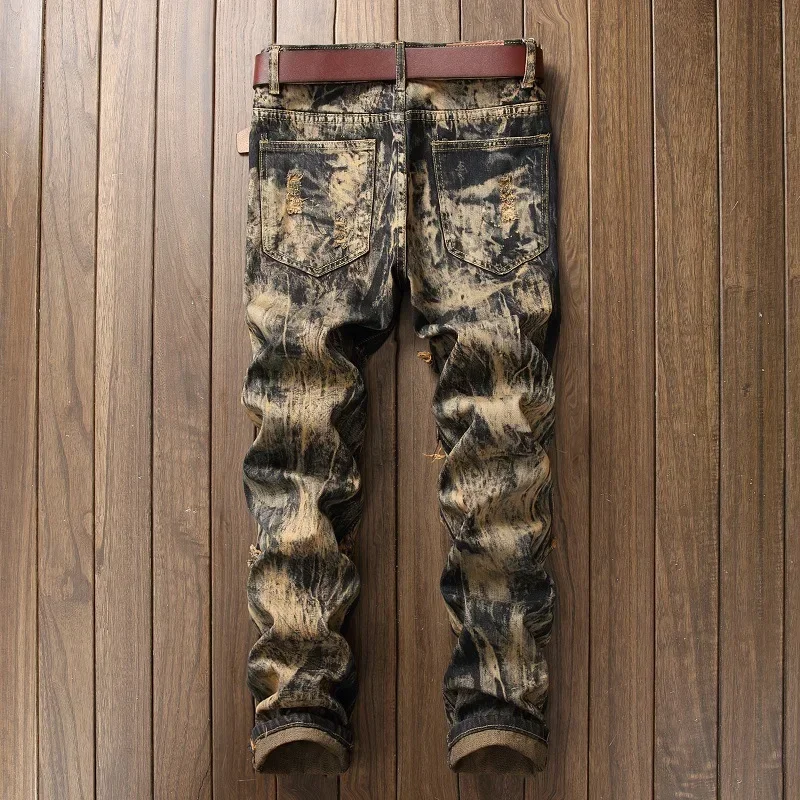 American Vintage Straight-leg Jeans for Men, Featuring Distressed Rip Details, Patchwork and Street-style Tapered Cut.