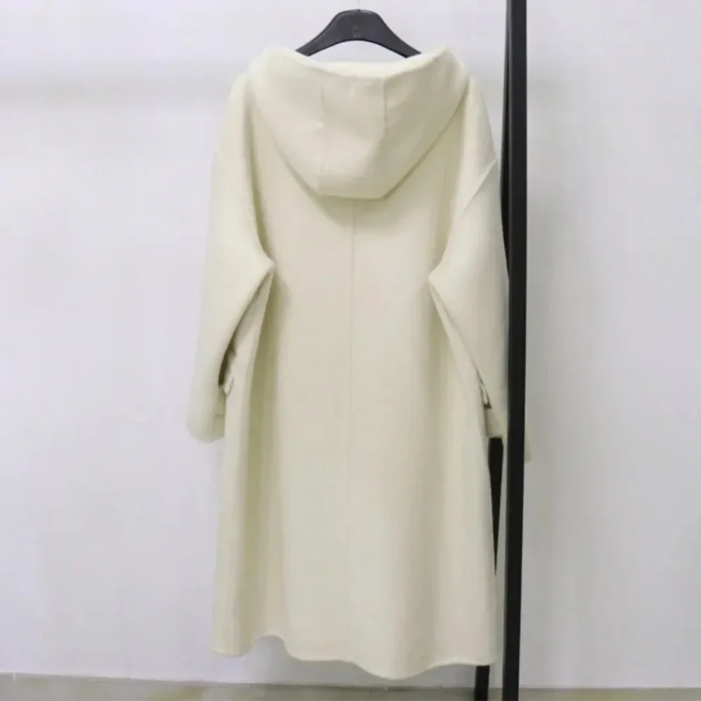 New Loose Horn Button Hooded Fashion Long Sleeve Real Woolen Coat Warm Outerwear Autumn Winter Double-sided Woolen Coat Women