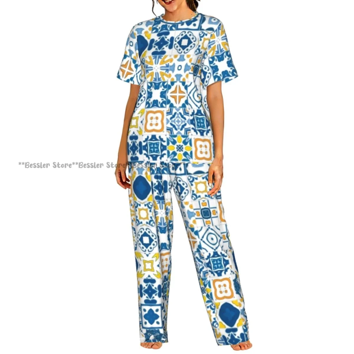 

Women's Comfort Pajamas Women's Mosaic Portuguese Azulejo Mediterranean Effect Short Sleeve Set Sleepwear