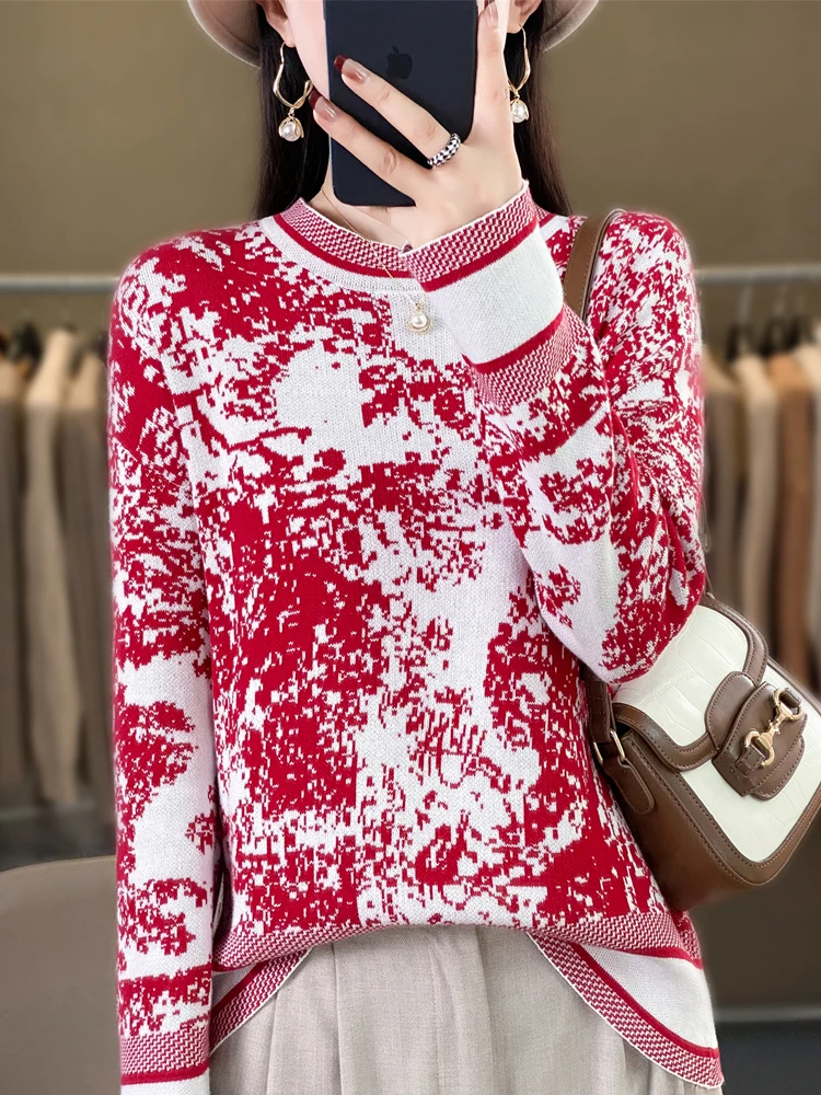 Autumn and Winter New 100% Cotton Round Neck Long Sleeve Knitted Bottom Shirt Fashion Ink Painting Versatile Western Style Top