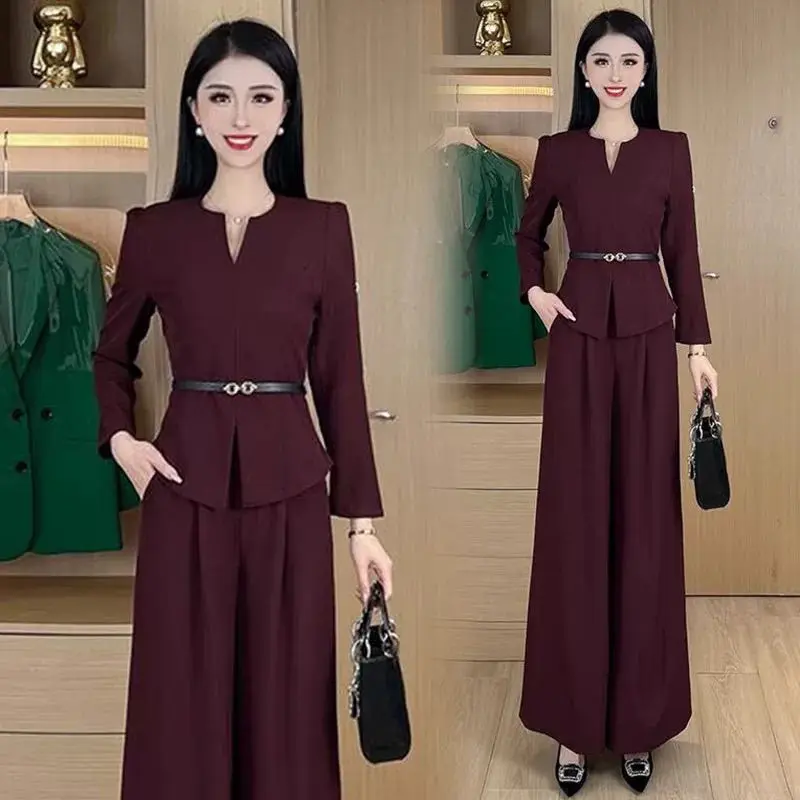 Elegant Slimming Waist V-Neck Top Wide Leg Pants Two-Piece Set Women's Fashion Autumn 2025 Long Sleeve Long Pants Ensemble