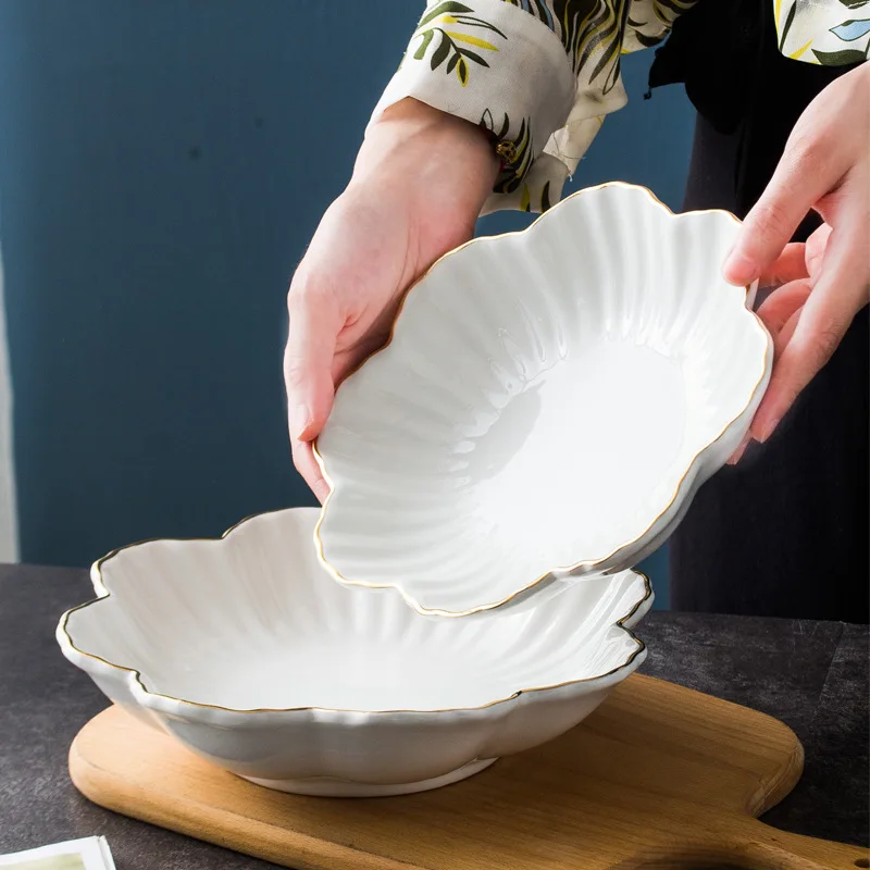 

Flower shaped Ceramic Plate Living Room Deep Plate Salad Snack Fruit Vegetable Plate