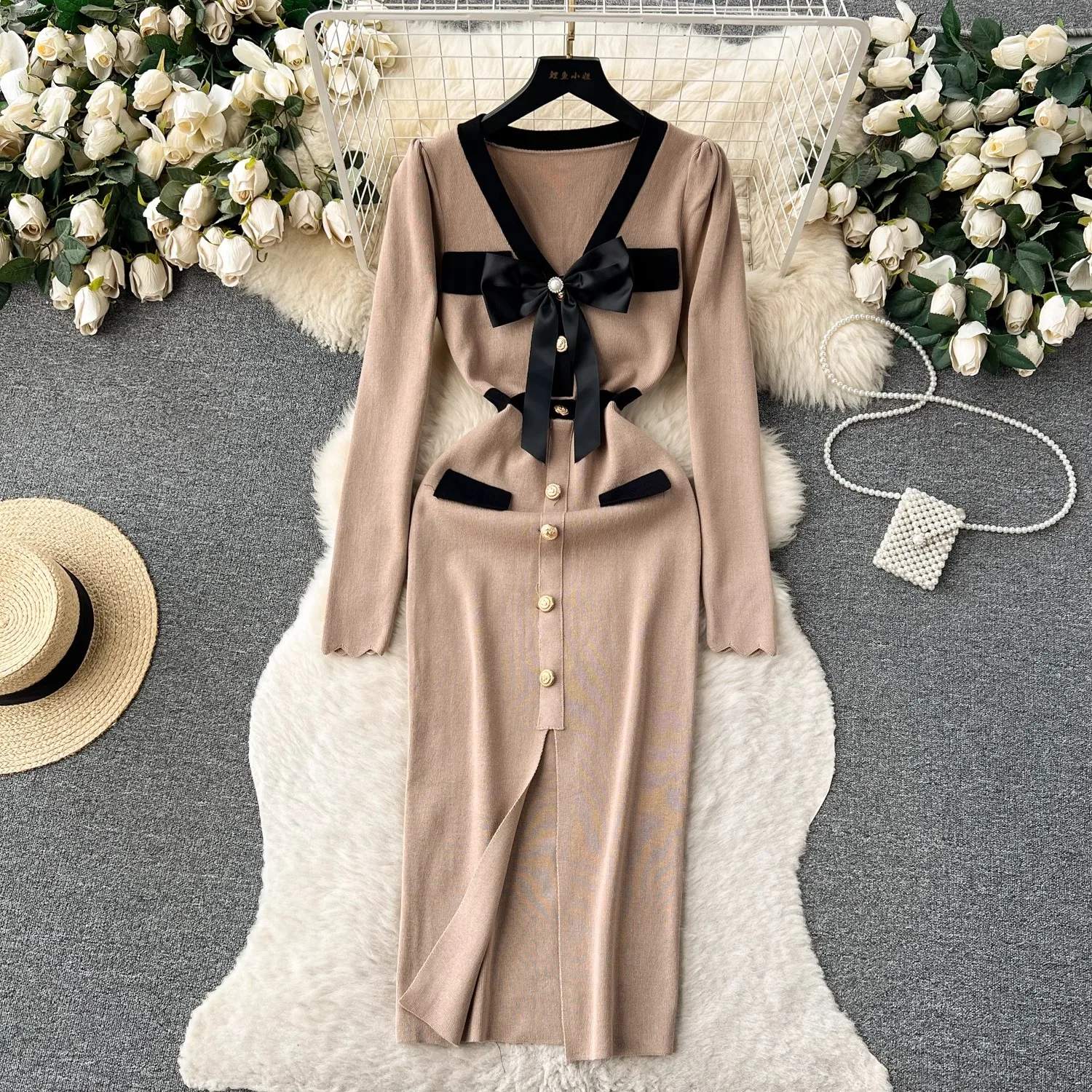 YuooMuoo Elegant Bodycon V-neck Bow Dress Women Autumn Winter 2024 Long Sleeve Front Split Office Lady Dress Chic Party Vestidos