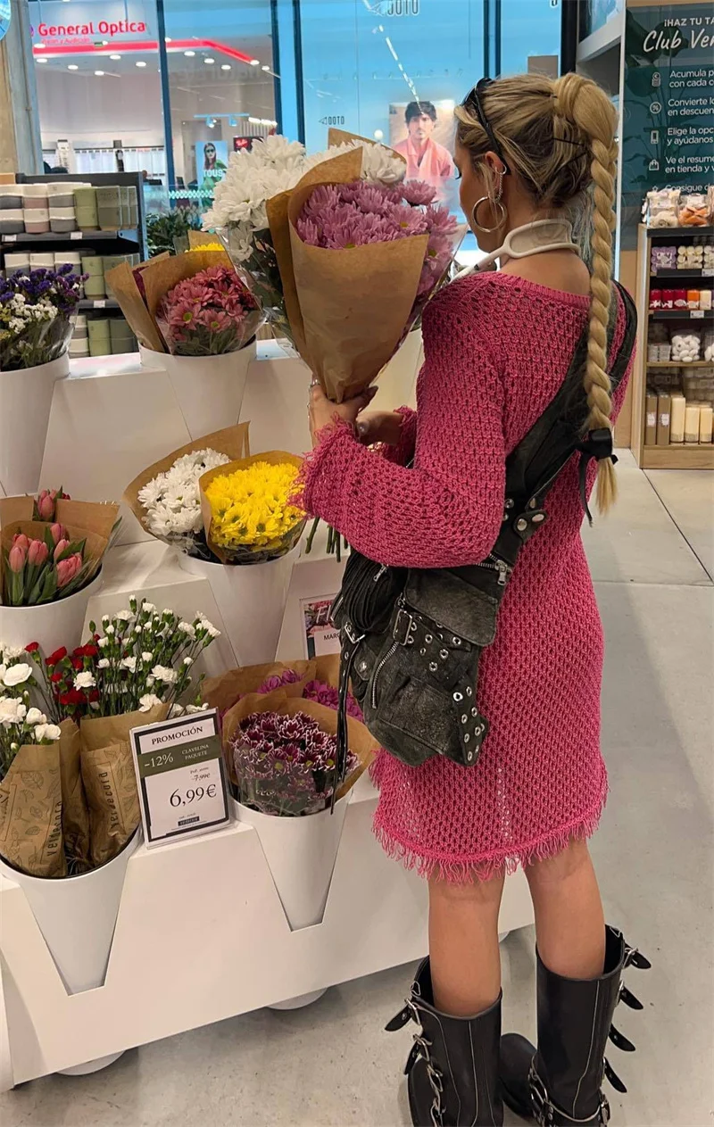 Verão transparente borla manga longa mini vestido de malha crochê biquíni cobrir túnica banho sexy beachwear