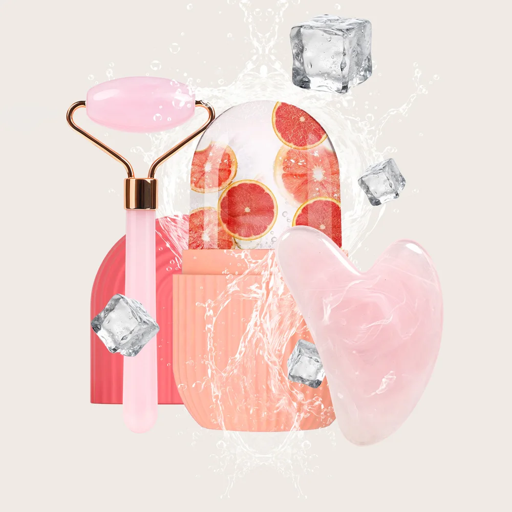 Rolo de gelo facial e conjunto de moldes de máscara facial de silicone - ferramentas de massagem e cuidados com a pele refrescantes para pele brilhante (silicone e resina)