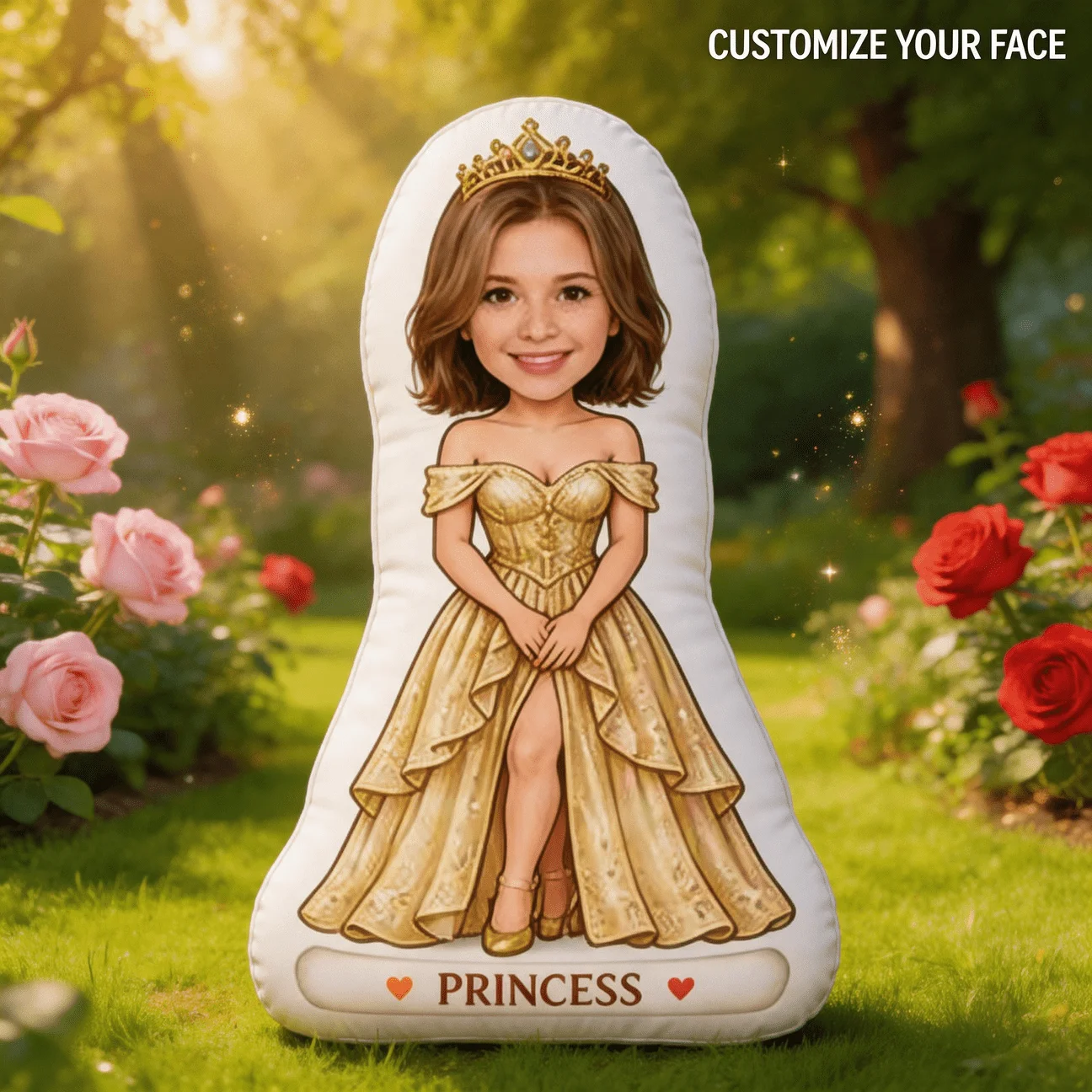Custom Photo Princess Style Shaped Pillow, Personalized Face in Golden Gown And Crown Decorative Cushion, Unique Home Decor Acce