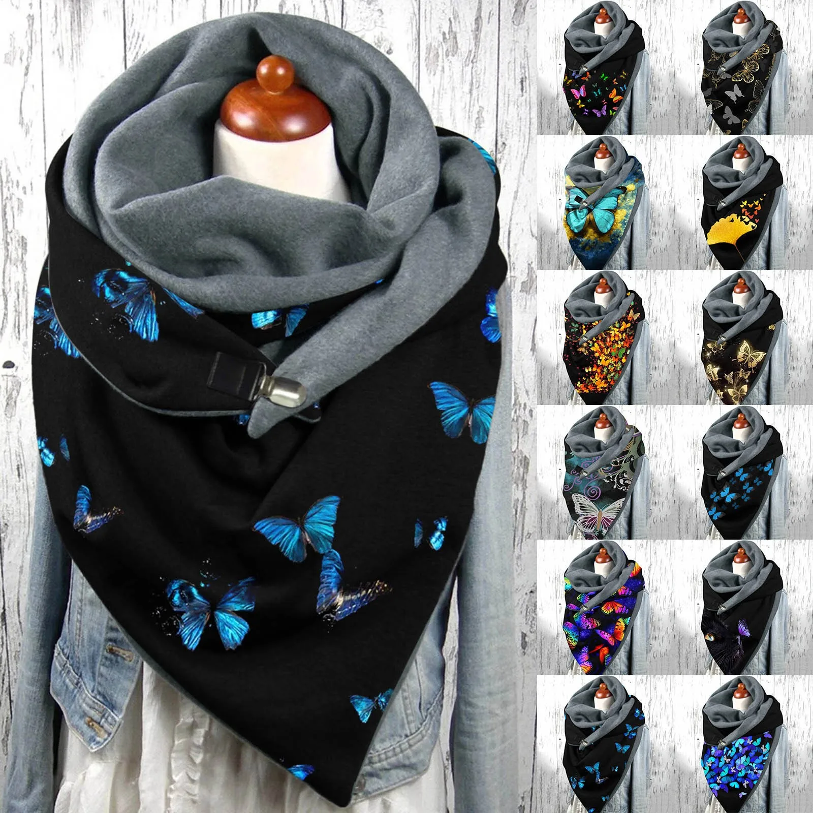 Universal Autumn Winter Warm Scarf Batterfly Prints Elegant Double Layer Pendant Scarfs For Women Blanket Scarfs For Young Women