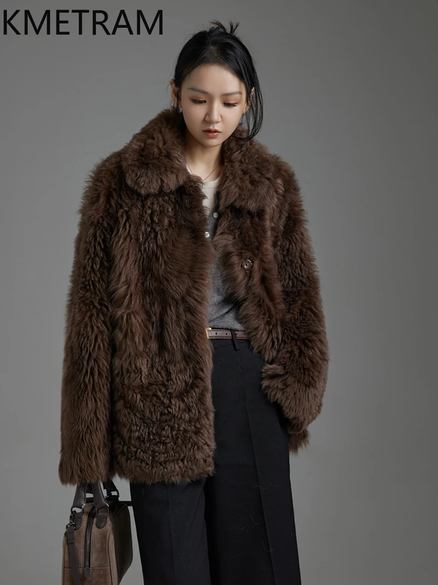 KMETRAM 100% Natural Tuscany Wool Sheepskin Fur Jacket Woman Square-Cut Collar Mid-Length Coat Women Winter Clothes 2025 шуба