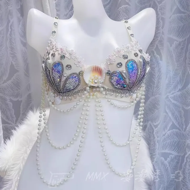 

customized luxury pearl multi-layer chain stage bellydance bra rhinestone sequin ocean series mermaid performance bra for women