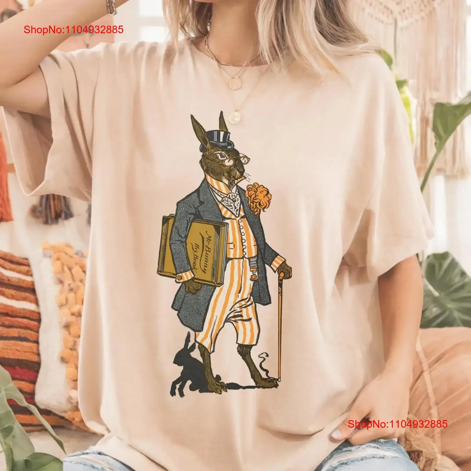 

Викторианский кролик в костюме с тростью и книгой, футболка, винтажная стираная эластичная дышащая футболка с рисунком, мягкая универсальная мода