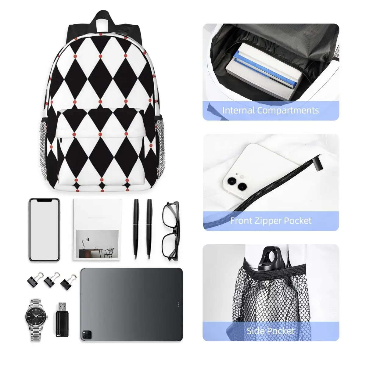 Harlequin Plaid Playing Cards Backpack Student Boys Girls BookBag Men Women School Bag Laptop Shoulder Bags