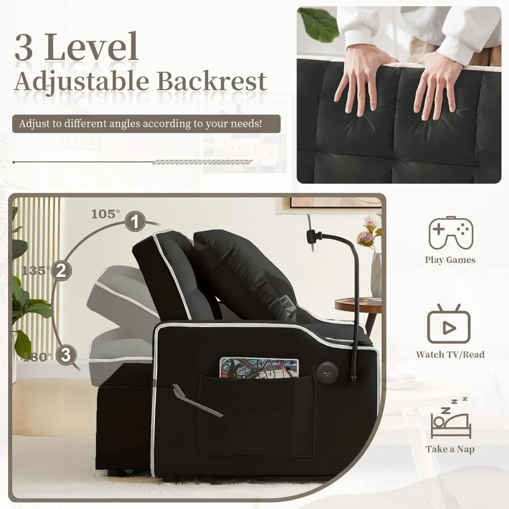 سرير كرسي أريكة قابل للتحويل، سرير أريكة فوتون صغير مخملي 3 في 1 مع حامل هاتف ومنافذ USB، أريكة قابلة للسحب