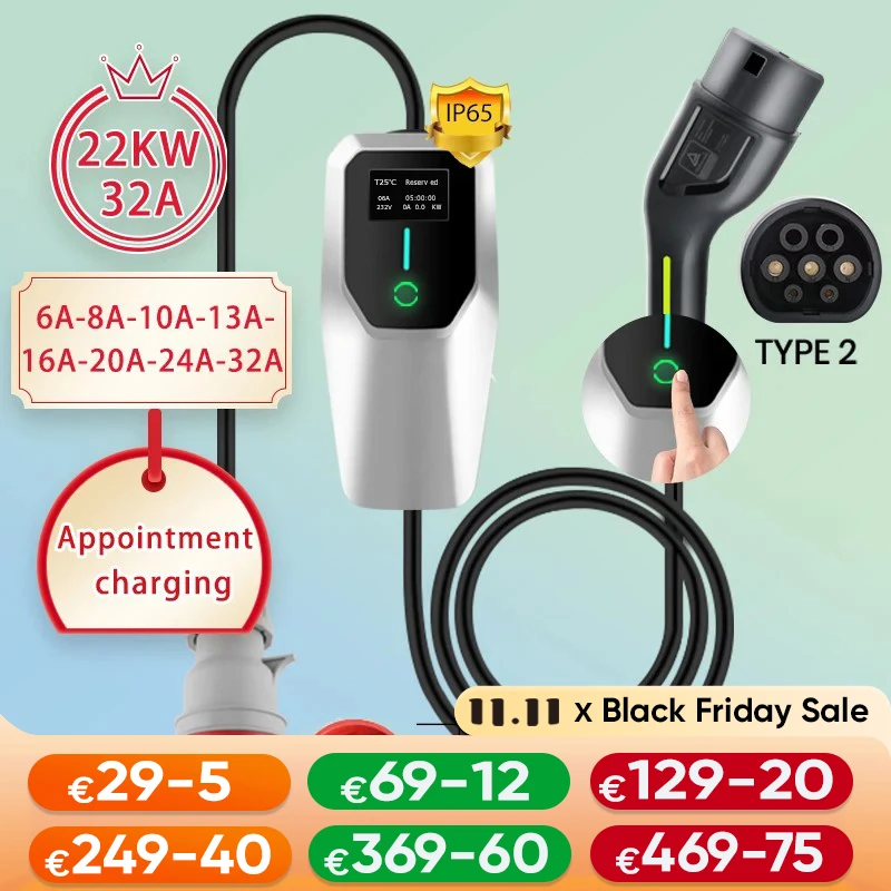 Portable EV Charger Type2 IEC62196-2 Wallbox 3.5KW 7KW 11KW 22KW IP65 6A to 32A 4Meters IP65 for Tesla Kia Hyundai Nissan Dacia