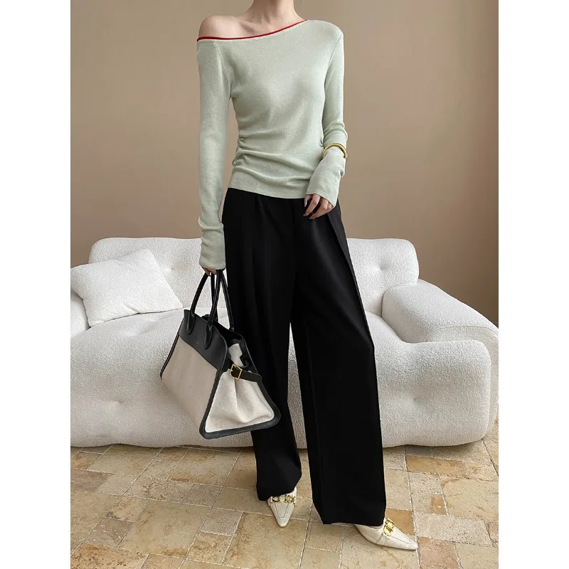 Gestrickte Frauen Pullover Jumper Solide Pullover Slash Neck Langarm Taille Cinched Schlank Büro Dame Casual Frühling Herbst 2025,