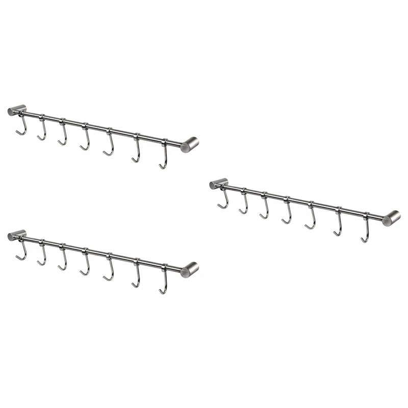 

3X Kitchen Rail Rack Wall Mounted Utensil Hanging Rack Hanger Hooks For Kitchen Tools Pot Towel 7 Sliding Hooks