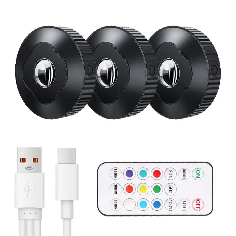 Rechargeable Puck Lights USB Charging Closet Mood Light 3X Colorful Nightlight Colorful With Remote Control For Cabinet Counter