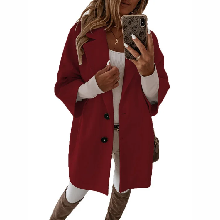 2025 Wish Neue Herbst- und Winter-Wolljacke mit Viertelärmeln, Knöpfen, Revers und Taschen für Damen – Detail 3