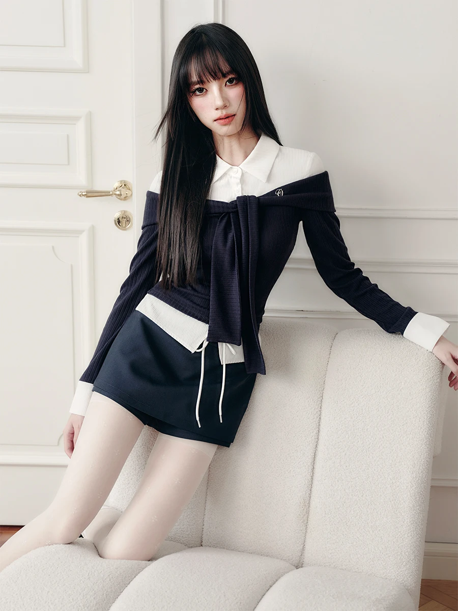 Fragile Heart Intelligent Mist Matching Knitted Shirt Dress And Pants Set Belted Splice Shoulder Bridesmaid Uniform Summer Wo...