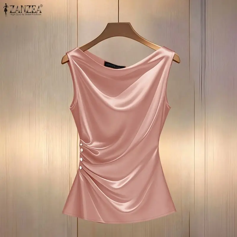 ZANZEA Summer Elegant Sleeveless Tanks Tops Stylish Satin Blouse Women Knotted Desgin Chic Tunic Casual O Neck Solid Work Shirt