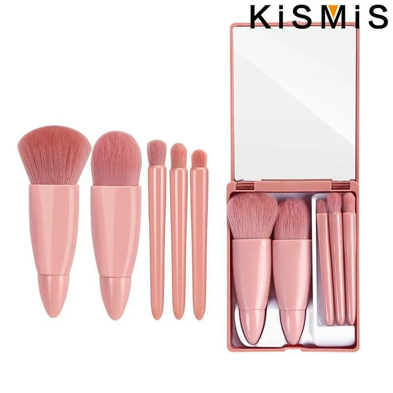 5-częściowy przenośny zestaw pędzli do makijażu z lusterkiem, pędzle kosmetyczne do pudru sypkiego, różu, cieni do powiek