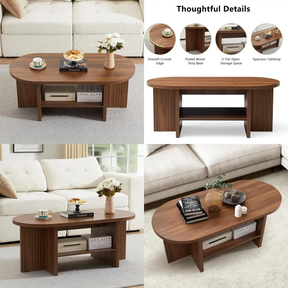 

Large Storage Shelf Farmhouse Style Oval Coffee Table for Living Room, Ideal for Modern Home Decor