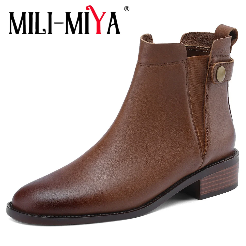 MILI-MIYA Stylish Black Brown Genuine Leather Chelsea Ankle Boots Round Toe New Trend Dress Business Shoes Large Size 34-43