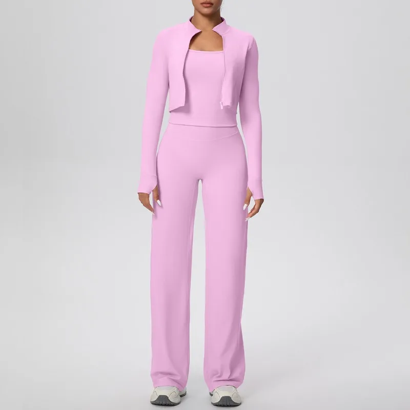 Set da yoga spazzolato da donna tinta unita gilet a forma di I ad asciugatura rapida gamba larga set sportivo in tre pezzi set da corsa fitness