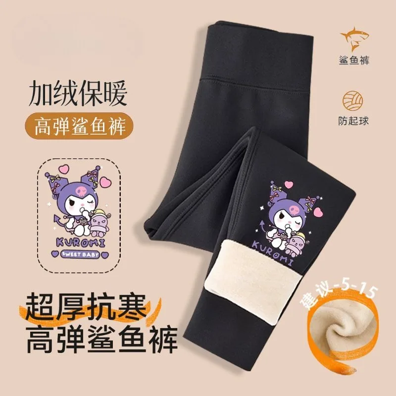 Pantalones de tiburón Kuromi de dibujos animados para niñas, además de terciopelo grueso, Otoño e Invierno, My melody, nuevas mallas de Yoga, pantalones Barbie para niños