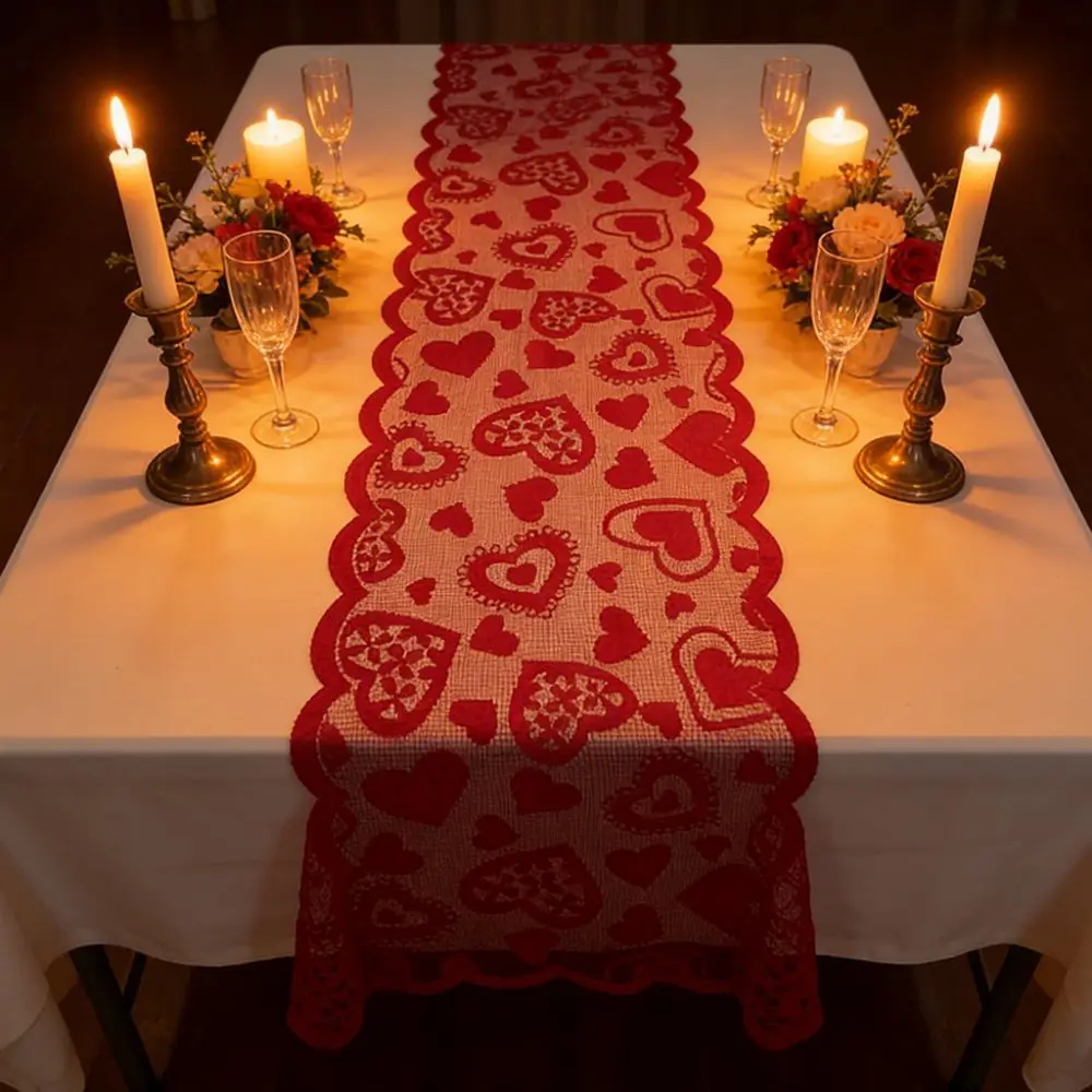 

Valentines Day Heart Shaped Table Runner Rectangular Romantic Table Flag European American Tableware Placemat Desk Decoration