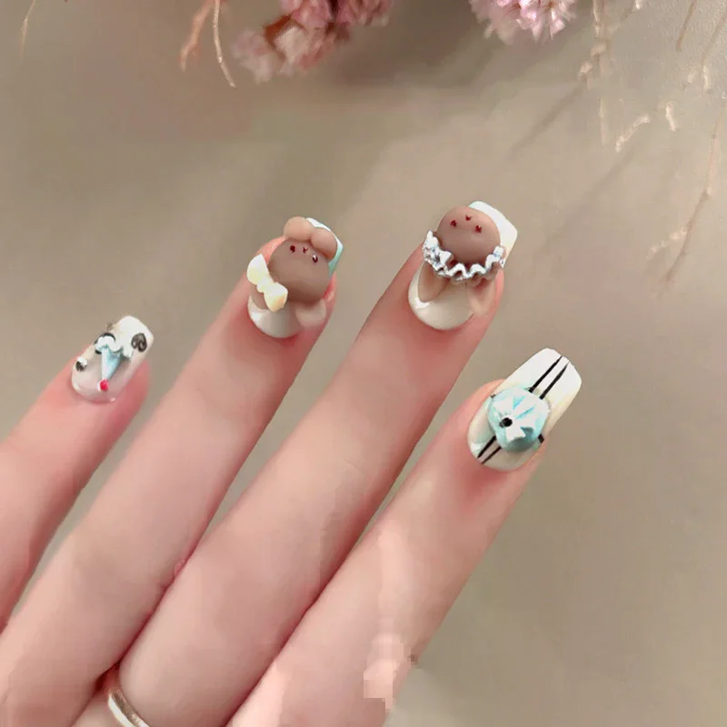 10 pçs avental urso acessórios para unhas bonito dos desenhos animados 3d bowknot usar broca de unhas decoração encantos da arte do prego diy manicure