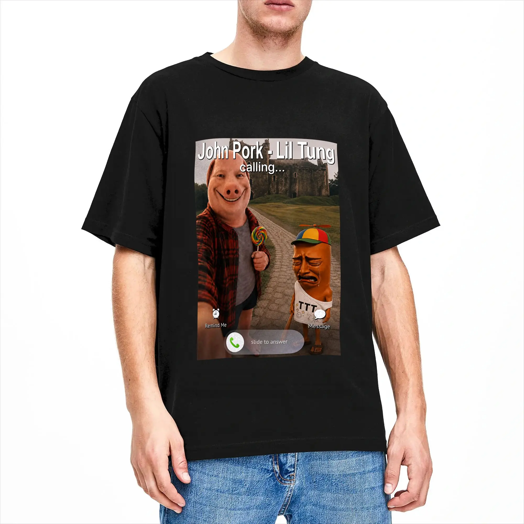 Lil Bro Tung Tung Sahur John Pork is Calling Brainrot Meme T-Shirt Summer Harajuku T Shirts Men Cotton O Neck 5XL 6XL Tees