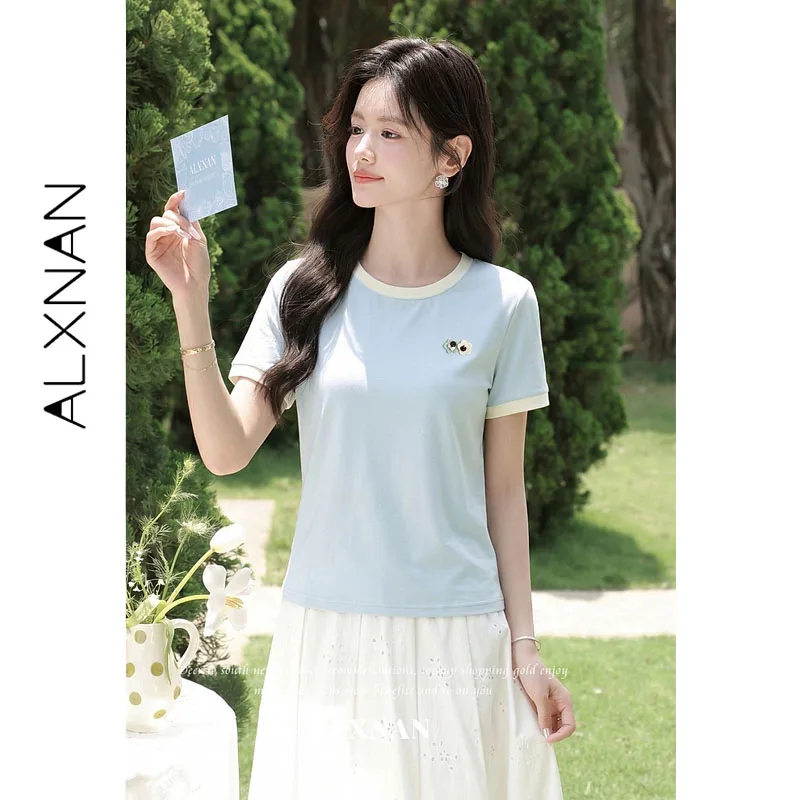 ALXNAN Blue Short-sleeve T-shirt Women Summer Loose-fit Dropped Shoulder Color Contrast 3D Floral Tees Casual Tops Female L66220