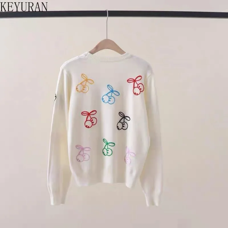 Sweet Colorful Cherry Embroidery Pullover Sweater Women Round Neck Long Sleeve Versatile Slim Base Sweaters Jumpers Sueter Mujer