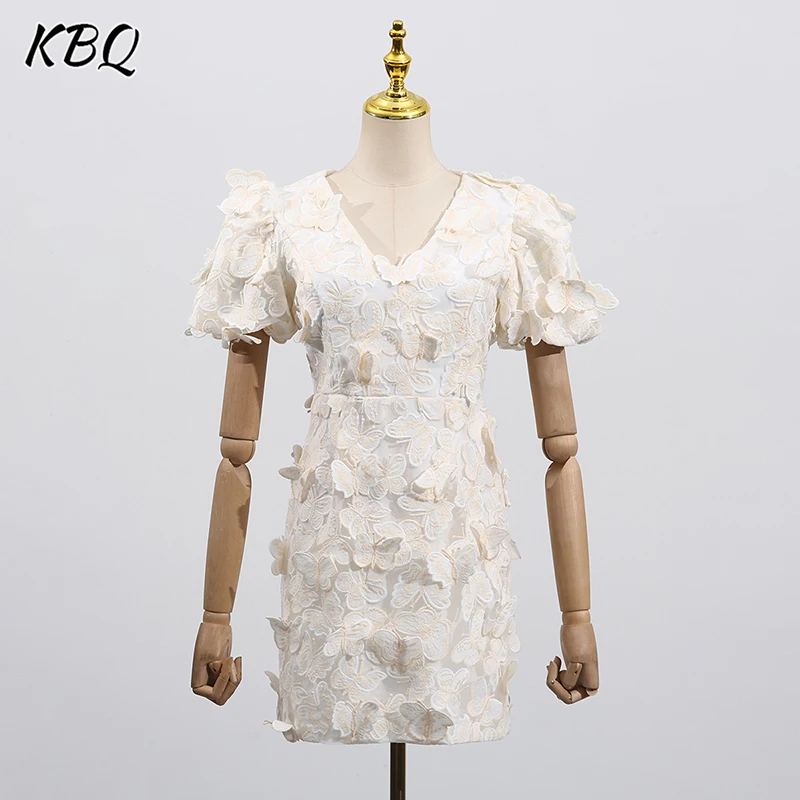 

KBQ Elegant Spliced Appliques Solid Mini Dresses For Women V Neck Short Sleeve High Waist Designer Summer Dress Female Fashion