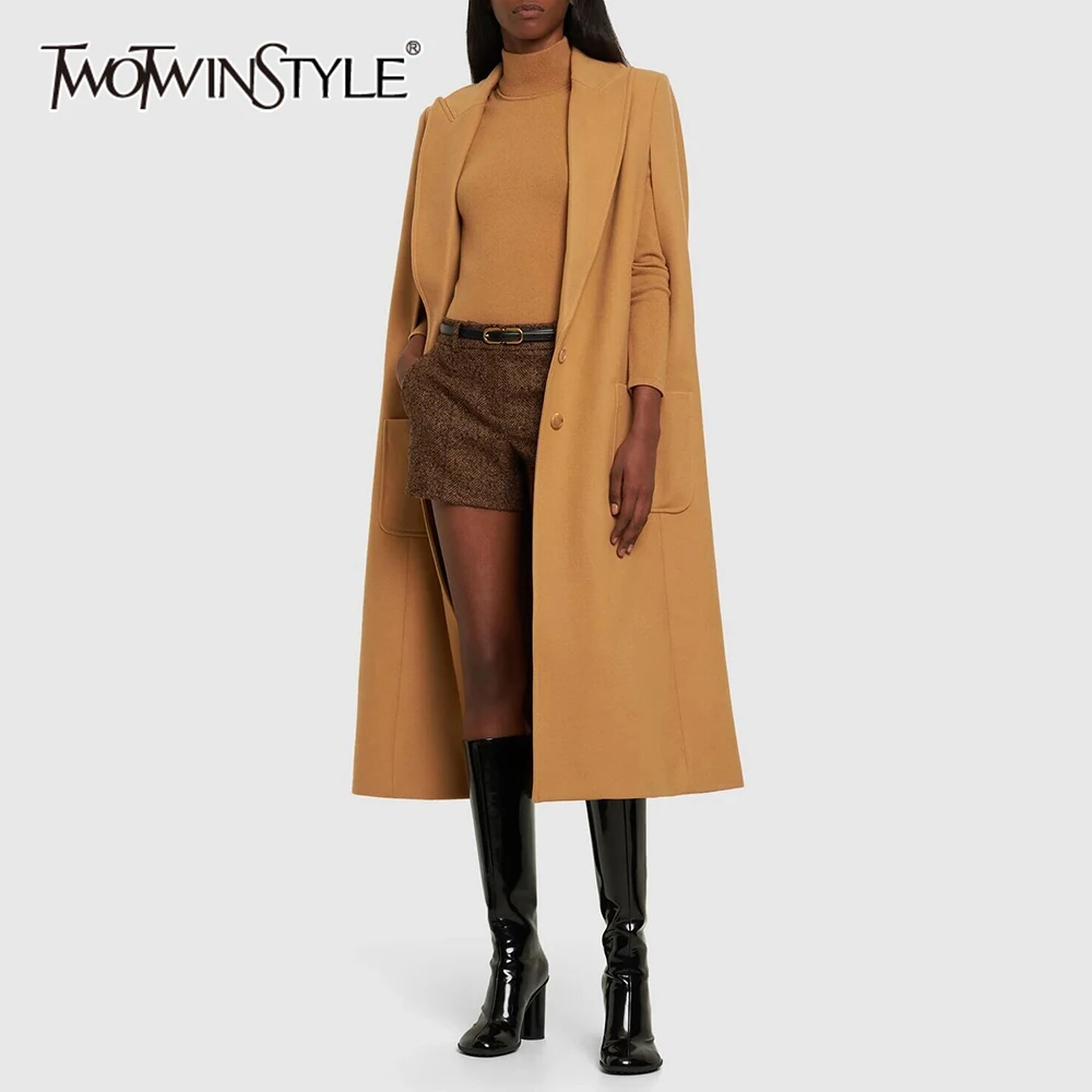 

TWOTWINSTYLE Solid Loose Spliced Pockets Coat For Women Stand Collar Long Sleeves Patchwork Single Button Jackets Female Style