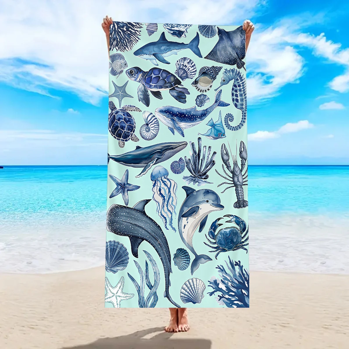 1pc ocean element fish dolphin pattern ultra-fine fiber beach towel, suitable for camping, beach, swimming essential beach towel