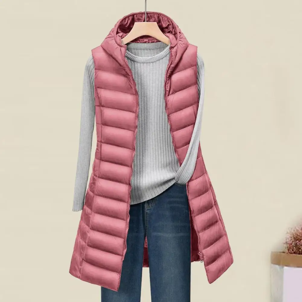 Lady Winter Cotton Coat with Hood Thin Padded Windproof Sleeveles Solid Color Mid Length Waistcoat Zipper Closure Cardigan Outer