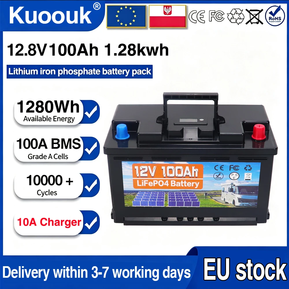 12V 100Ah 350Ah LiFePo4-Batterie mit integriertem 100A BMS-Schutz, Zellen der Güteklasse A+, 1280Wh Energie, für Wohnmobile, Solaranlagen, netzunabhängige Systeme, Marine-Trolling-Motoren, tragbare