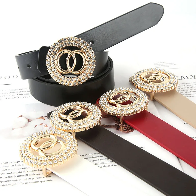 2024 New Elegant Double Circle Water Diamond Button Women's Belt Simple and Fashionable Jeans Dress Decorative Women's Belt