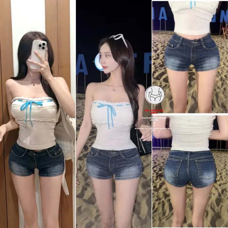 Slim Fit Low Waist Denim Shorts Real Fashion Korean Style Two Colors Cuffed  Thickened Hip Design Cotton Polyester Blend