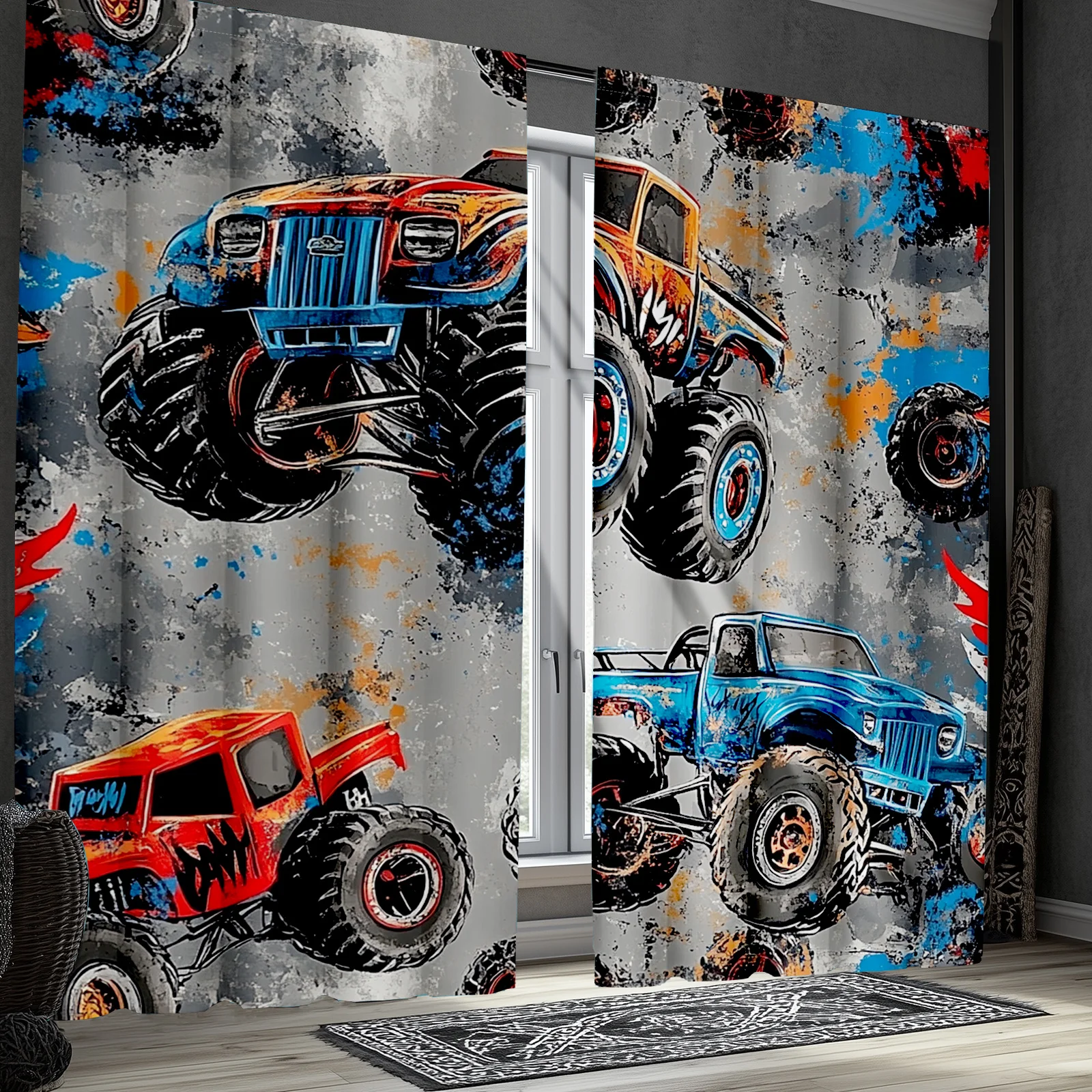 Monster Truck Curtains Kids Room Art Window Drapes Adventure Theme Home Decor Boy Bedroom Style Living Room