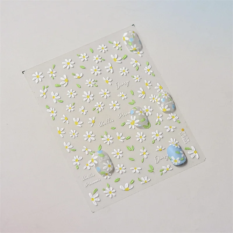 1Sheet 5D Soft Embossed Relief Nail Stickers Cute Daisies Self Adhesive Slider Stickers Press On Nails DIY Japanese Nail Art Dec