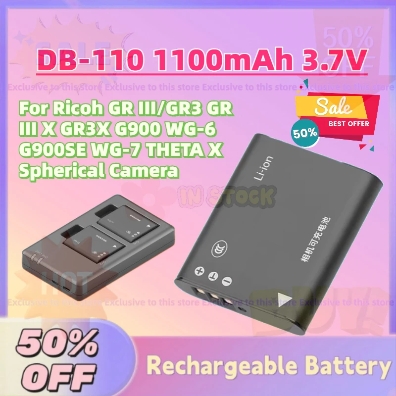 

High-Quality New DB-110 1100mAh 3.7V Battery for Ricoh GR III/GR3 GR III X GR3X G900 WG-6 G900SE WG-7 THETA X Spherical Camera