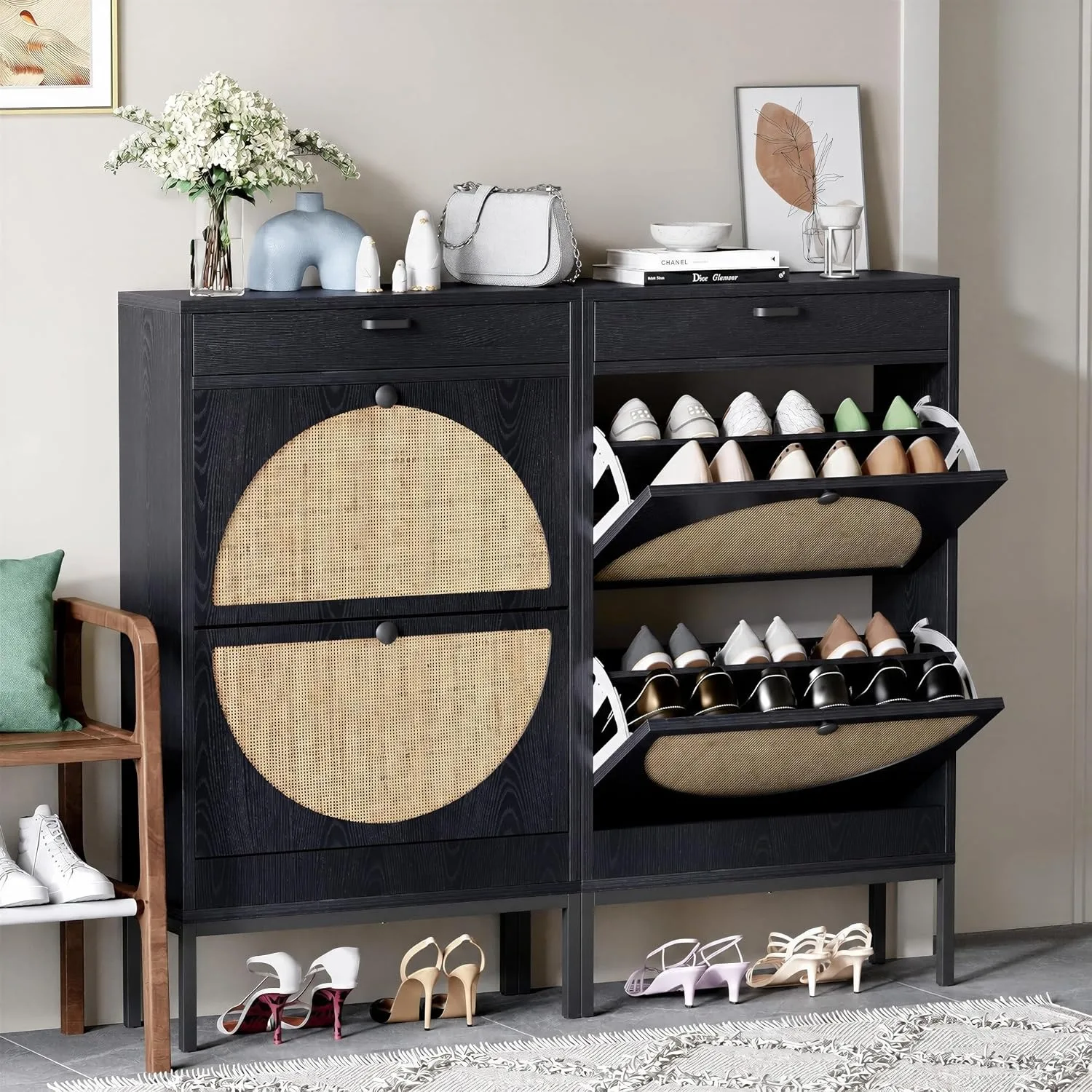 Shoe Rack Storage Organizer with 2 Natural Semi-Circular Rattan Doors, Entryway Wooden Shoe Cabinet for Sneakers, Leather Shoes,Heels (2 Piece, Black)