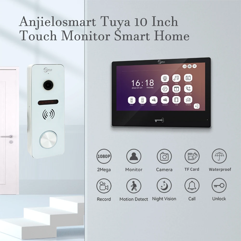 Tuya 10 Inch Touch Monitor Smart Home Video Intercom System 1080P 160°Video Doorbell Camera Full Touch Monitor IC card unlocking